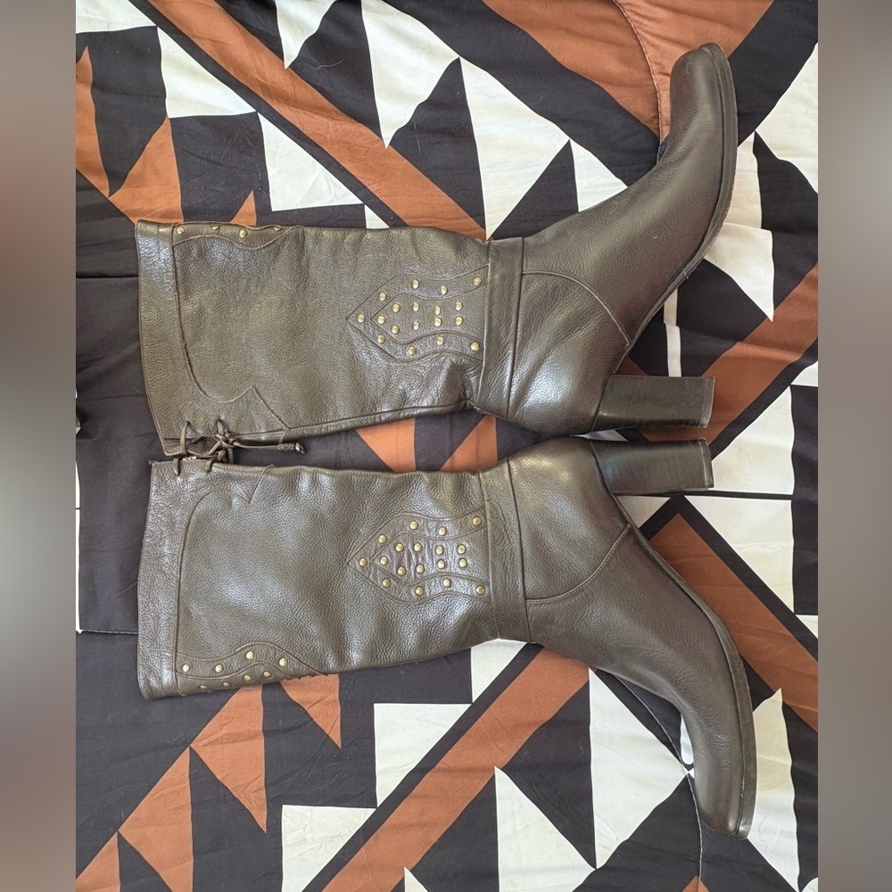 Via Spiga Chocolate Heeled Boots with Gold Studs